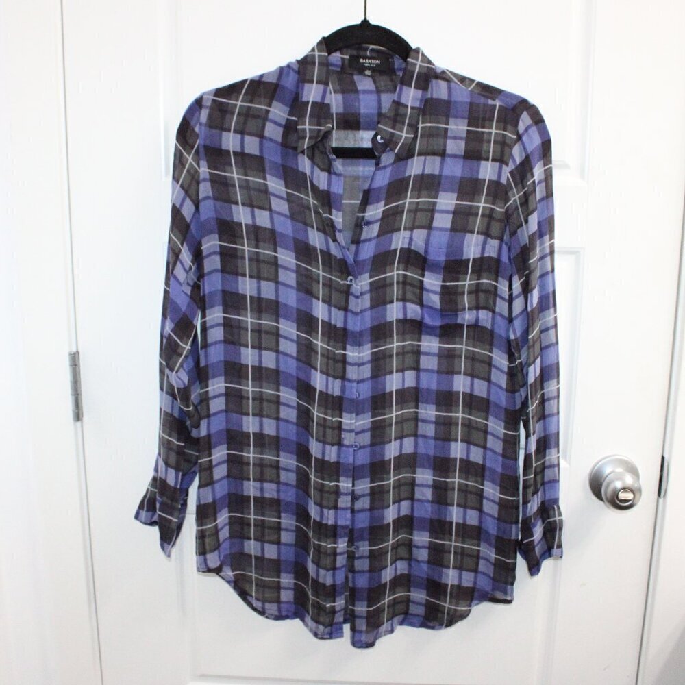 3/$30 Aritzia Babaton Darien‎ Plaid Check 100% Silk Button Down Blouse Shirt XXS